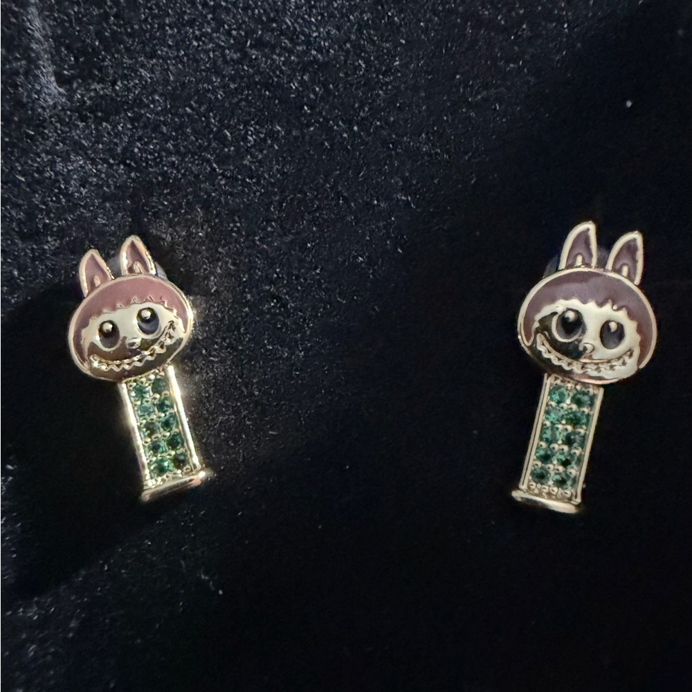 14K Gold Brown Labubu Green Gemstone Pez Theme Enameled Stud Earrings Boutique